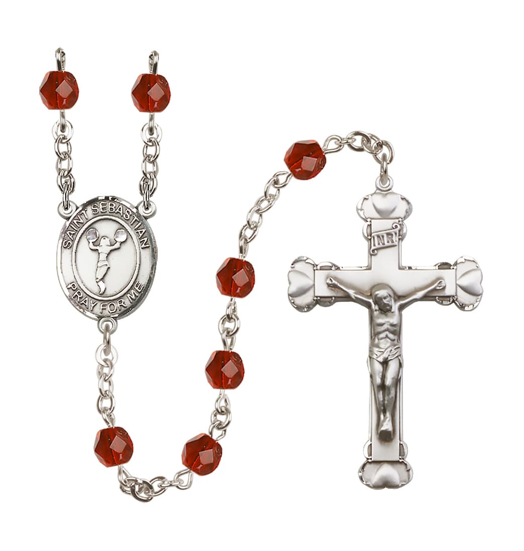 Bliss July Ruby Crystal St Sebastian Cheerleading 6mm Fire Polished Heart Crucifix Rosary,