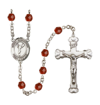 July Ruby Crystal St Sebastian Cheerleading 6mm Fire Polished Heart Crucifix Rosary, Bliss Manufacturing