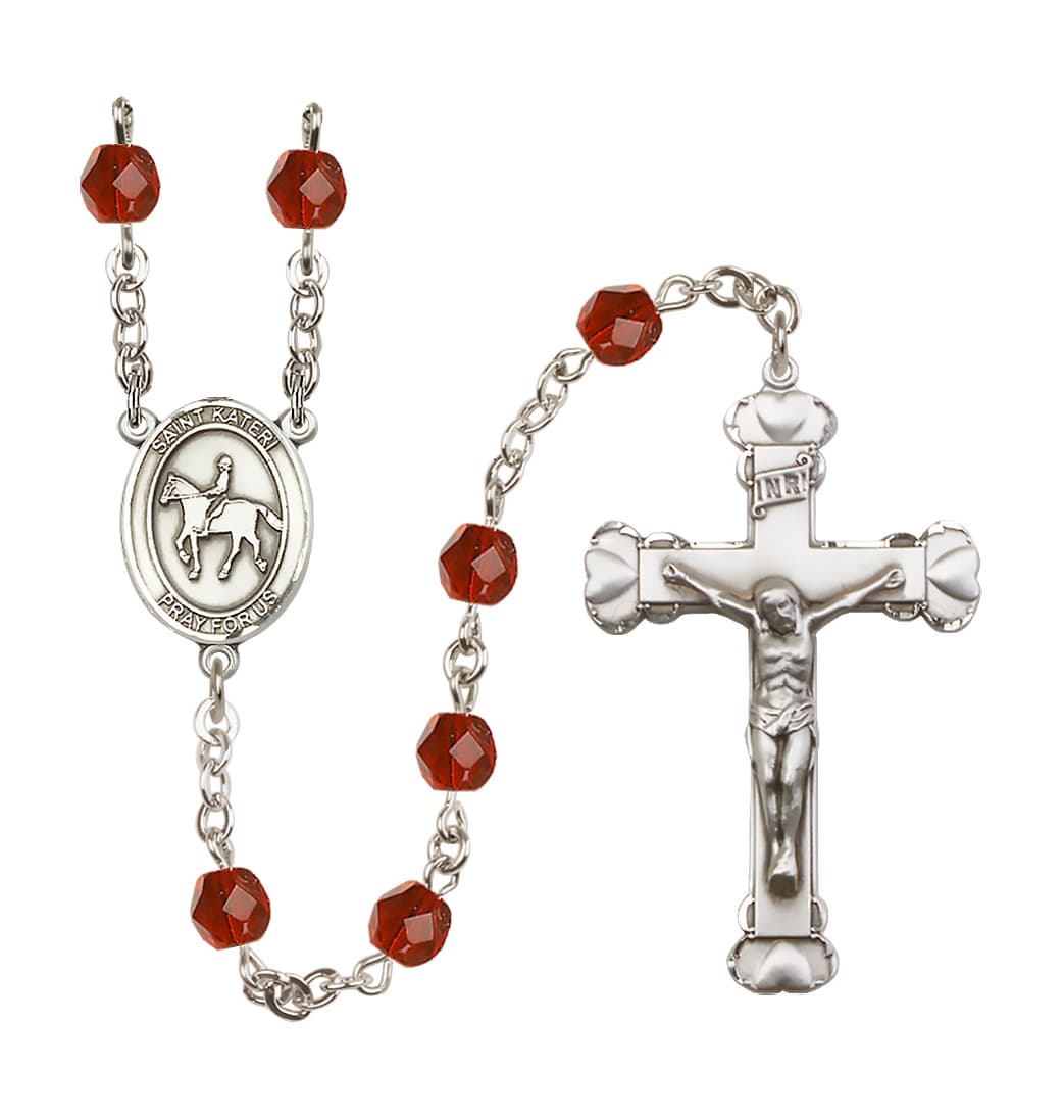 Bliss Birthstone Heart St Kateri Equestrian Ruby/July 6mm Fire Polished Rosary,