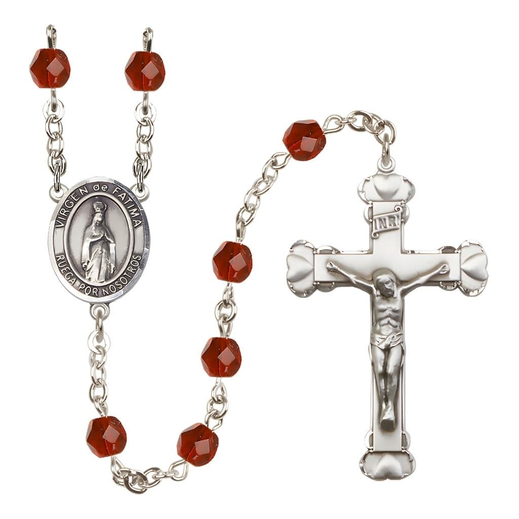 Bliss Spanish Virgen de Fatimas Rosary with Pewter Heart Crucifix and Centerpiece, Birthstone 6mm Fire Polished Ruby Beads for July