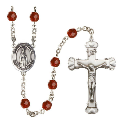 Spanish Virgen de Fatimas Rosary with Pewter Heart Crucifix and Centerpiece, Birthstone 6mm Fire Polished Ruby Beads for July, Bliss Manufacturing