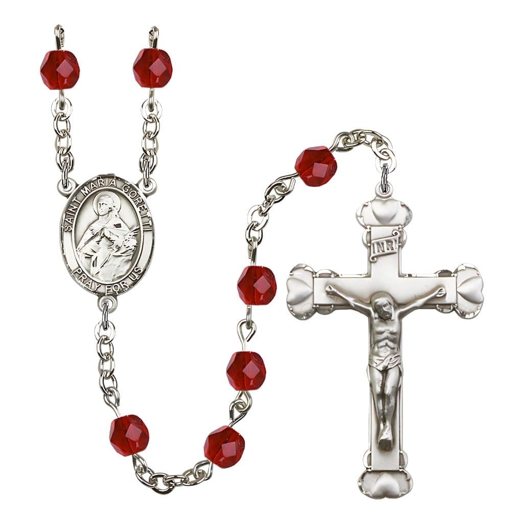 Bliss St. Maria Goretti Engraved Birthstone Fire Polished Rosary in Ruby,