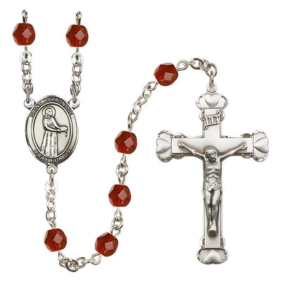 St. Petronille Rosary with Pewter Heart Crucifix and Centerpiece, Birthstone 6mm Fire Polished Ruby Beads for July, Bliss Manufacturing