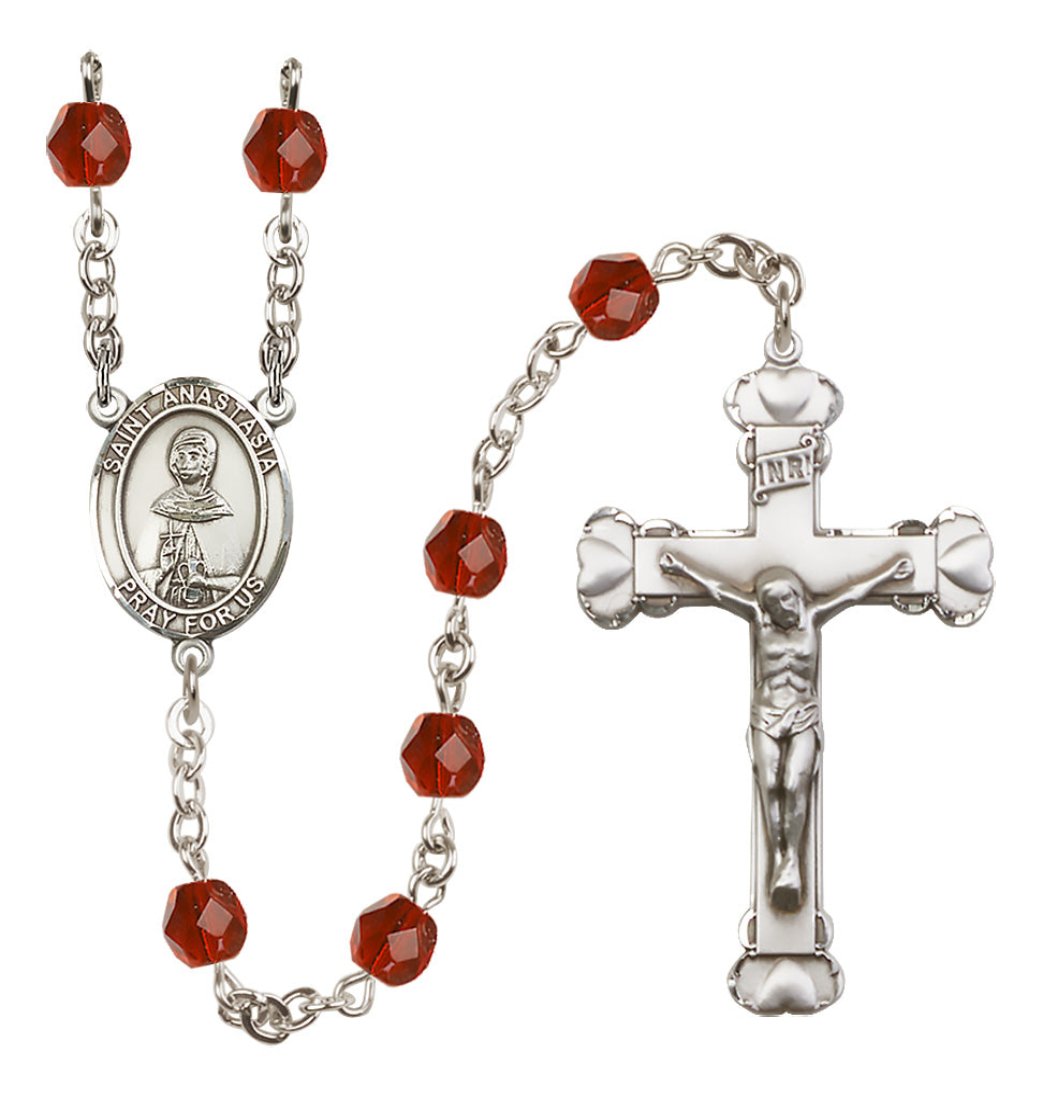 Bliss Silver-Plated Ruby Crystal Saint Anastasia Birthstone Heart Rosary,