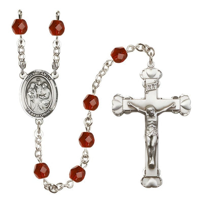 Holy Family Engravable Rosary with Pewter Heart Crucifix and Centerpiece, Birthstone 6mm Fire Polished Ruby Beads for July, Bliss Manufacturing