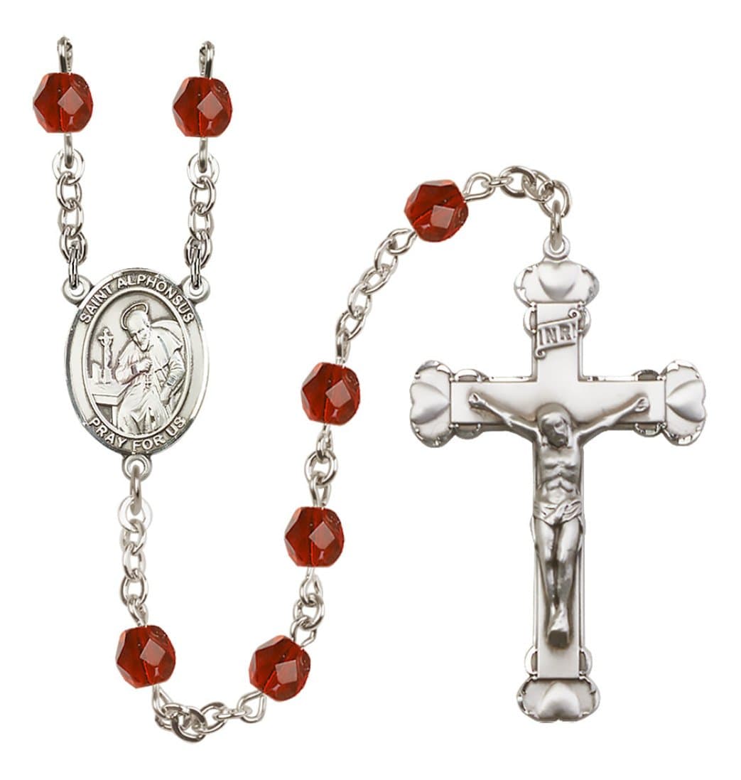 Bliss Silver-Plated Ruby Crystal St Alphonsus Birthstone Heart Rosary,