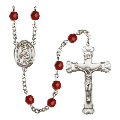 St. Matilda Rosary with Pewter Heart Crucifix and Centerpiece, Birthstone 6mm Fire Polished Ruby Beads for July, Bliss Manufacturing