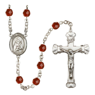 St. Victoria Rosary with Pewter Heart Crucifix and Centerpiece, Birthstone 6mm Fire Polished Ruby Beads for July, Bliss Manufacturing