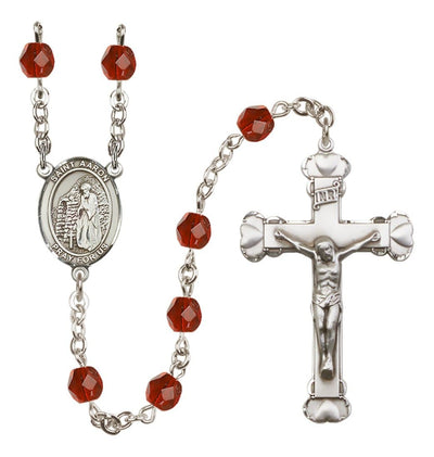 Silver-Plated Ruby Crystal Saint Aaron Birthstone Heart Rosary, Bliss Manufacturing
