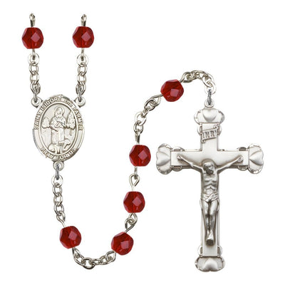 St. Isidore the Farmer Rosary with Pewter Heart Crucifix and Centerpiece, Birthstone 6mm Fire Polished Ruby Beads for July, Bliss Manufacturing