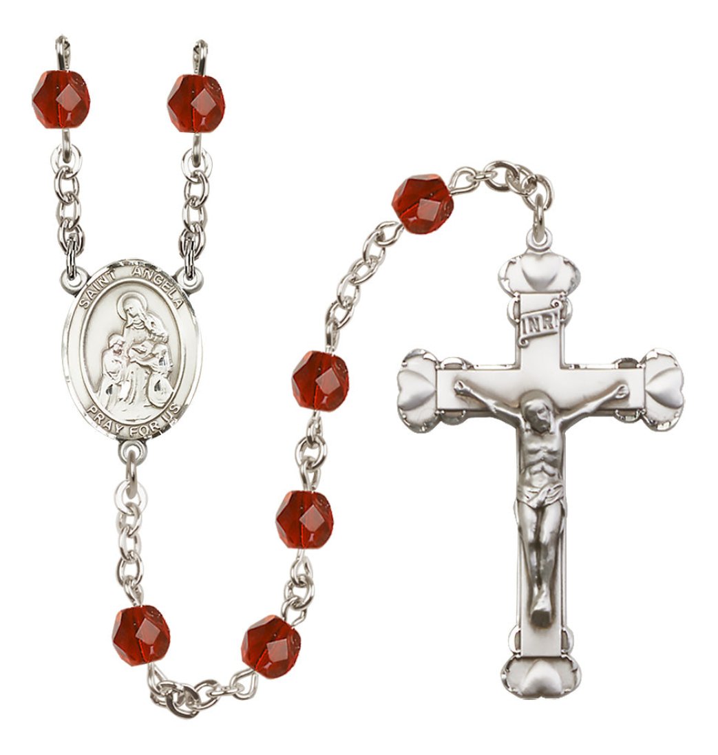 Bliss Ruby Silver-Plated Crystal St Angela Merici Birthstone Heart Rosary,