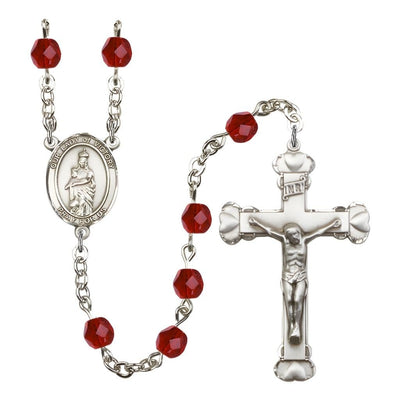 Our Lady of Victory Birthstone July Ruby 6mm Fire Polished Silver-plated Engravable Heart Tip Rosary with Pewter Centerpiece and Crucifix, Bliss Manufacturing