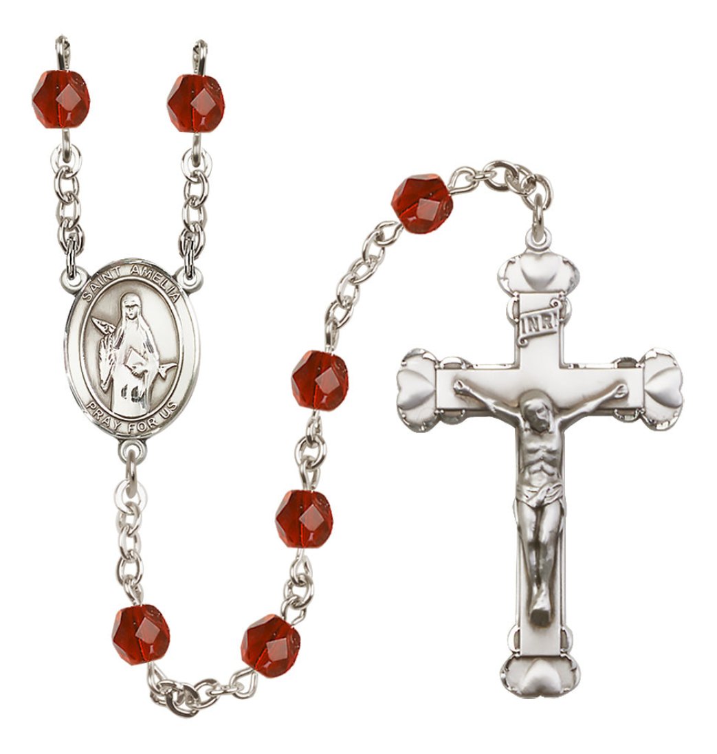 Bliss Silver-Plated Ruby Crystal Saint Amelia Birthstone Heart Rosary,