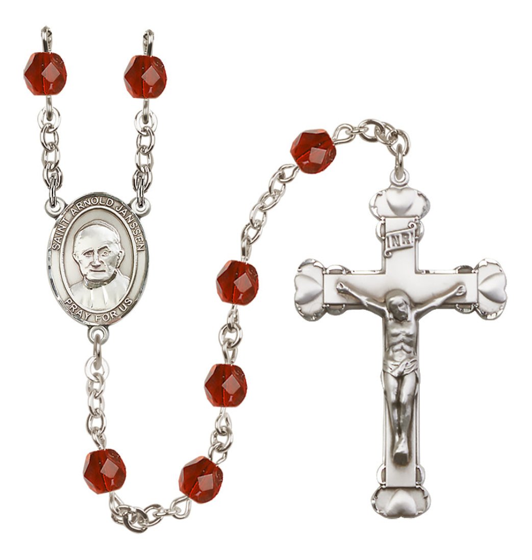 Bliss Silver-Plated Ruby Crystal Saint Arnold Janssen Birthstone Heart Rosary,