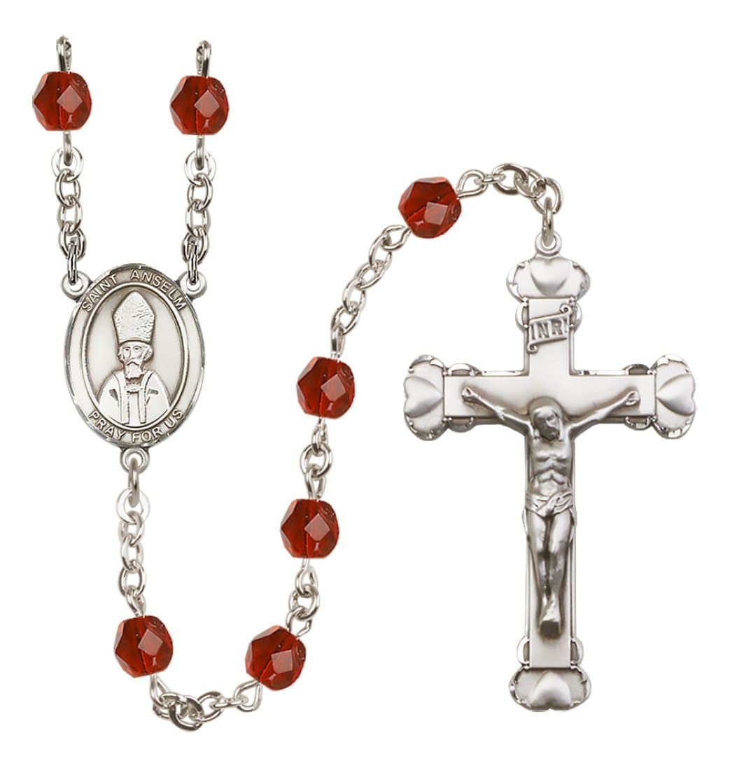 Bliss Silver-Plated Ruby Crystal Saint Anselm of Canterbury Birthstone Heart Rosary,