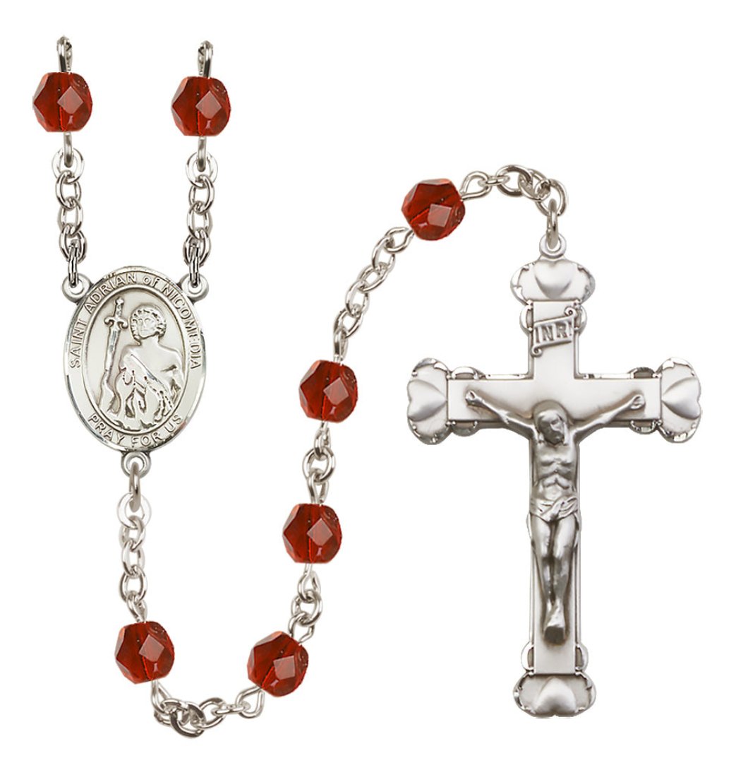 Bliss Silver-Plated Ruby Crystal St Adrian of Nicomedia Birthstone Heart Rosary,