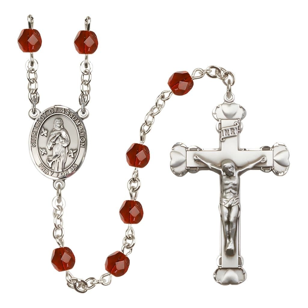 Our Lady of Assumption Engraved Birthstone 6mm Ruby Fire Polished Silver-plated Rosary with Pewter Centerpiece and Heart Tip Crucifix