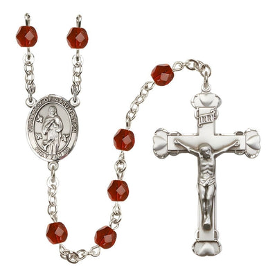 Our Lady of Assumption Engraved Birthstone 6mm Ruby Fire Polished Silver-plated Rosary with Pewter Centerpiece and Heart Tip Crucifix, Bliss Manufacturing