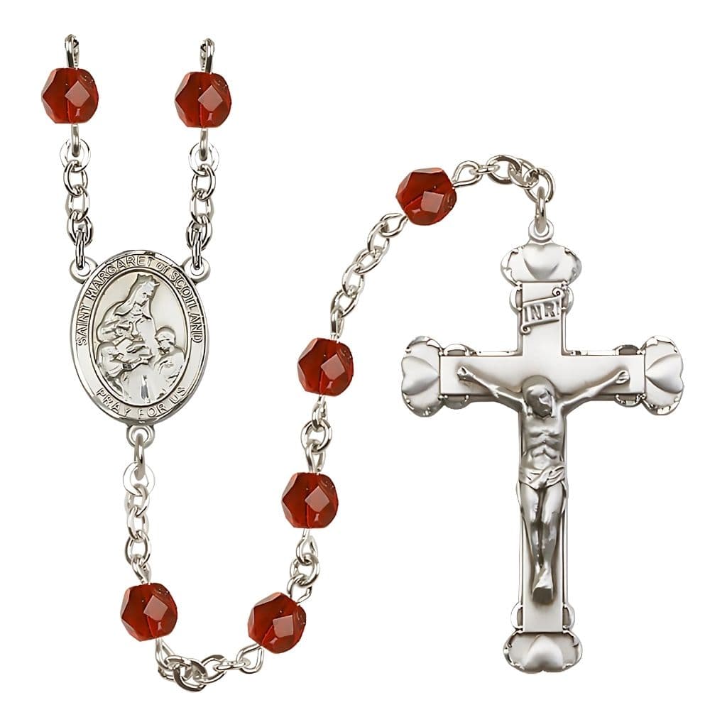 Bliss St. Margaret of Scotland Engraved Birthstone Fire Polished Rosary in Ruby,