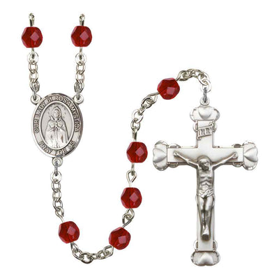 Our Lady of Rosa Mystica Rosary with Pewter Heart Crucifix and Centerpiece, Birthstone 6mm Fire Polished Ruby Beads for July