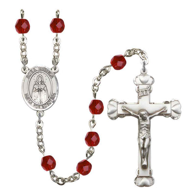 Spanish Rosa Mystica Rosary with Pewter Heart Crucifix and Centerpiece, Birthstone 6mm Fire Polished Ruby Beads for July