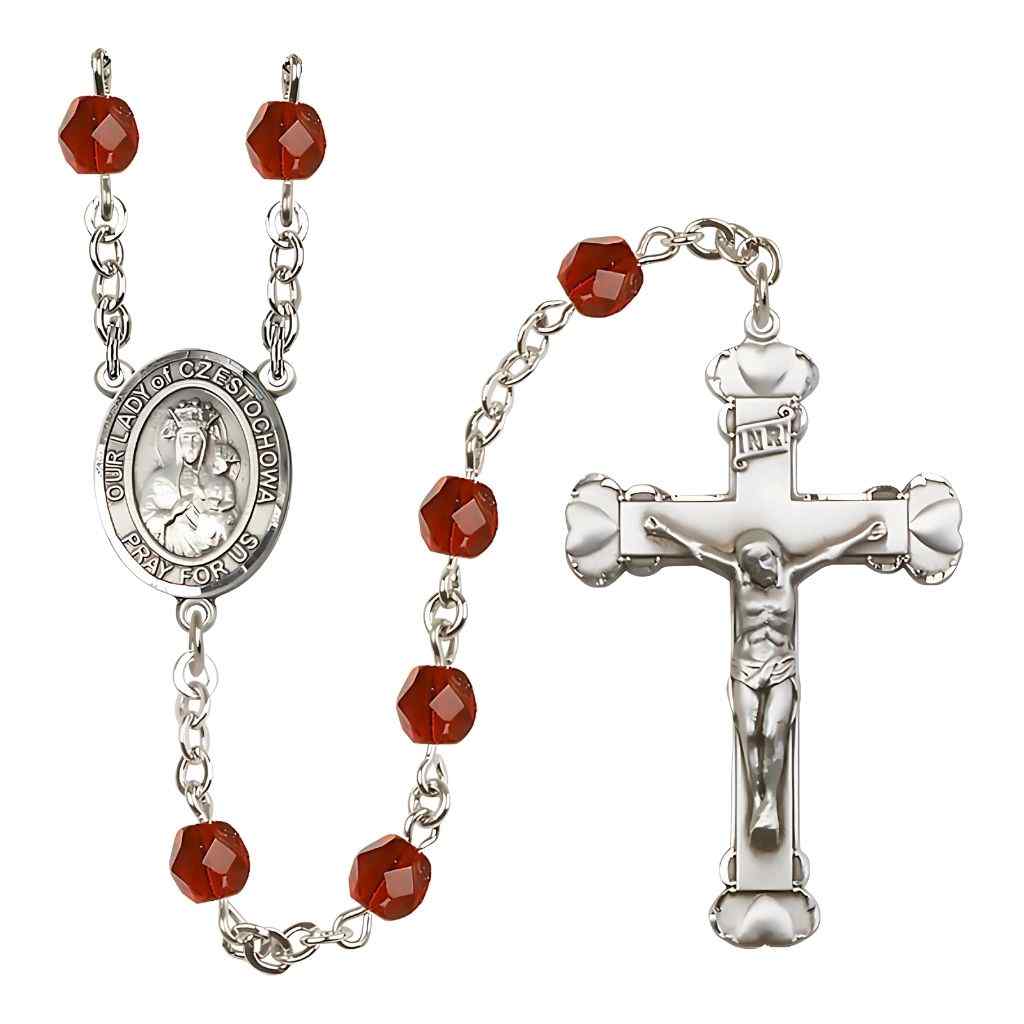 Our Lady of Czestochowa Rosary with Pewter Heart Tip Crucifix and Centerpiece, Birthstone 6mm Fire Polished Ruby Beads for July