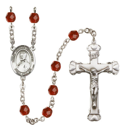 St. Andre Bessette Rosary with Pewter Heart Crucifix and Centerpiece, Birthstone 6mm Fire Polished Ruby Beads for July, Bliss Manufacturing
