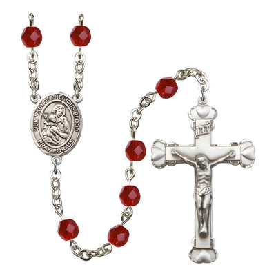Our Lady of the Precious Blood Rosary with Pewter Heart Crucifix and Centerpiece, Birthstone 6mm Fire Polished Ruby Beads for July