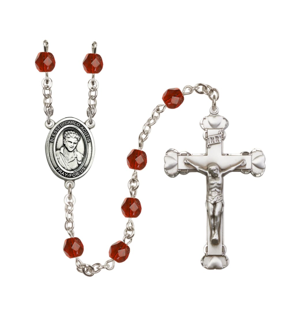 Bliss Silver-Plated Ruby/July Crystal Blessed Carlo Acutis Birthstone Heart Rosary,