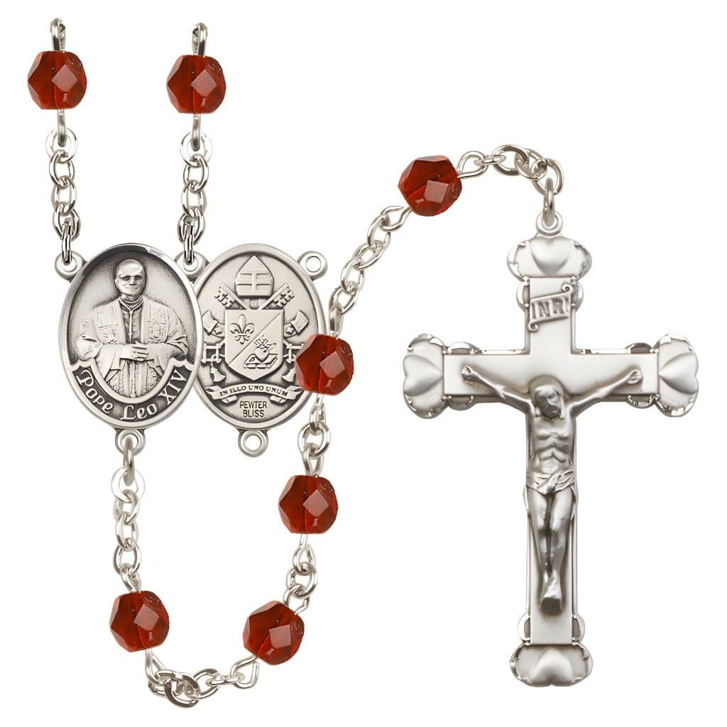 Bliss Pope Leo XIV Birthstone Engravable Rosary with Pewter Center and Heart  Edge Crucifix, 6mm Fire Polished Beads in Ruby for July