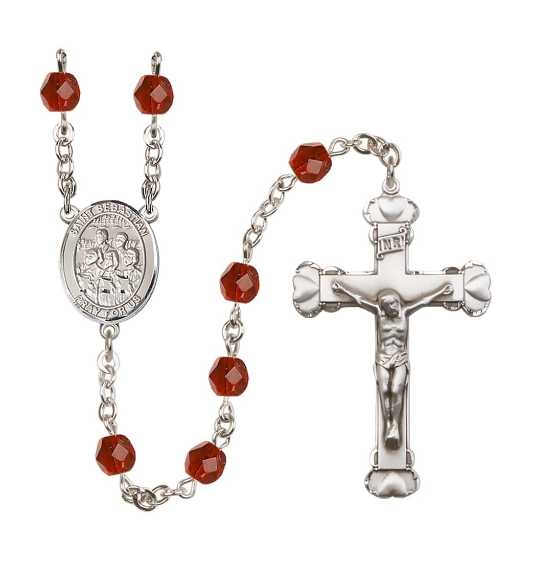 Bliss St Sebastian Choir 6mm Fire Polished Heart Crucifix July Birthstone Rosary,