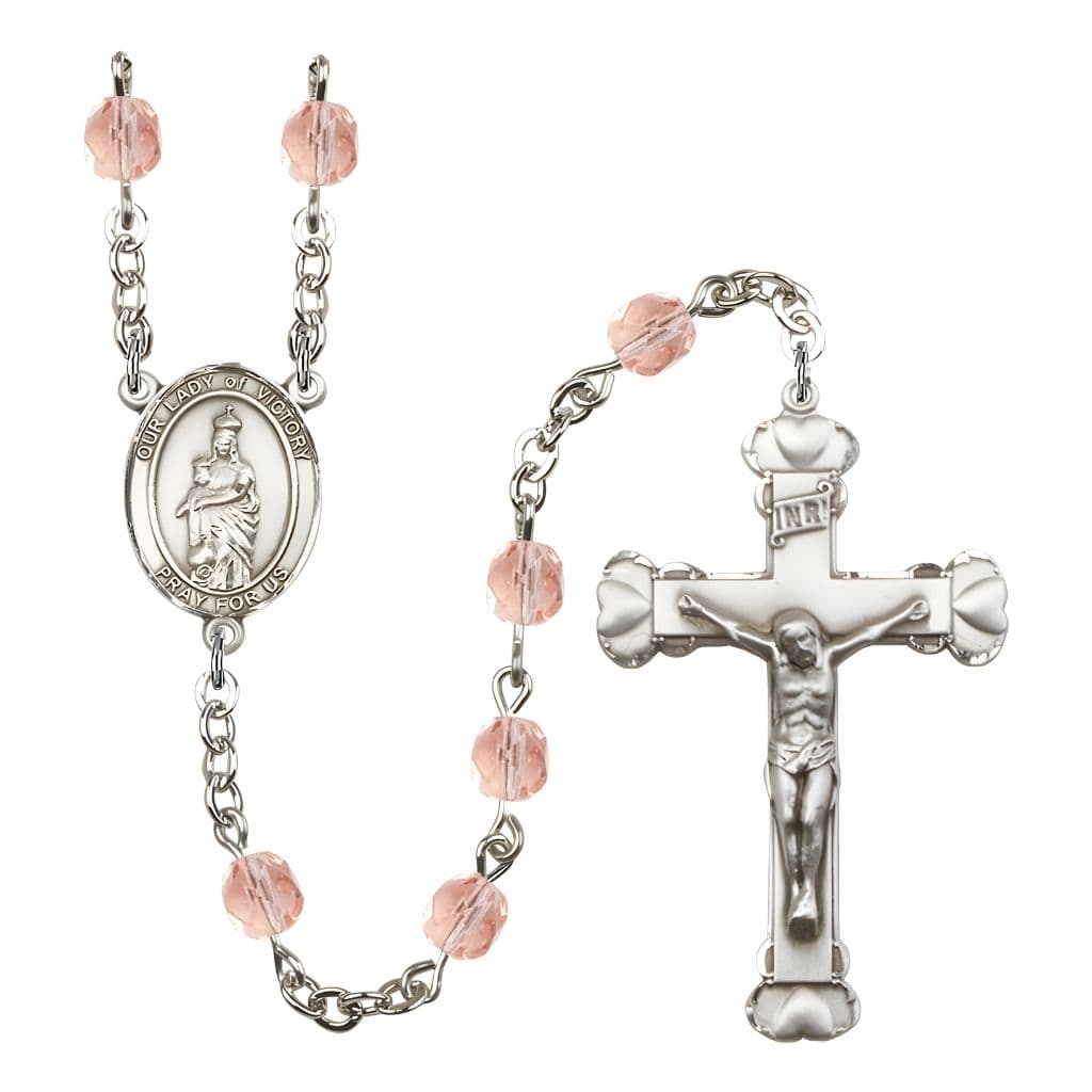 Bliss Our Lady of Victory October Birthstone Pink 6mm Fire Polished Silver-plated Engravable Heart Tip Rosary with Pewter Centerpiece and Crucifix