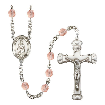 Our Lady of Victory October Birthstone Pink 6mm Fire Polished Silver-plated Engravable Heart Tip Rosary with Pewter Centerpiece and Crucifix, Bliss Manufacturing