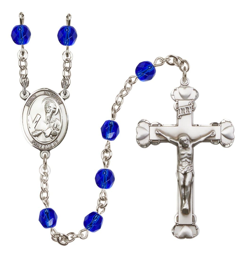 Bliss Silver-Plated Sapphire Crystal St Andrew the Apostle Birthstone Heart Rosary,