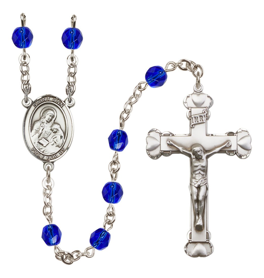 Bliss Manufacturing Silver Plated 6mm Fire Polished Saint Ann Rosary in Sapphire,