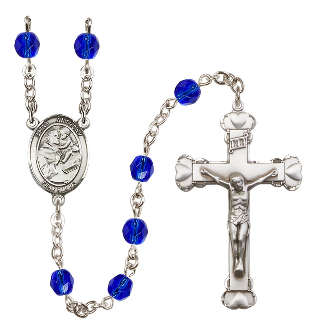 Sapphire Bliss Silver-Plated Crystal St Anthony of Padua Birthstone Heart Rosary,