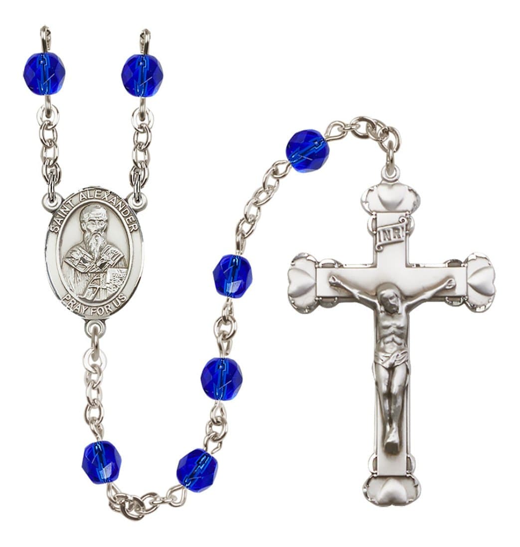 Bliss Silver-Plated Sapphire Crystal St Alexander Birthstone Heart Rosary,