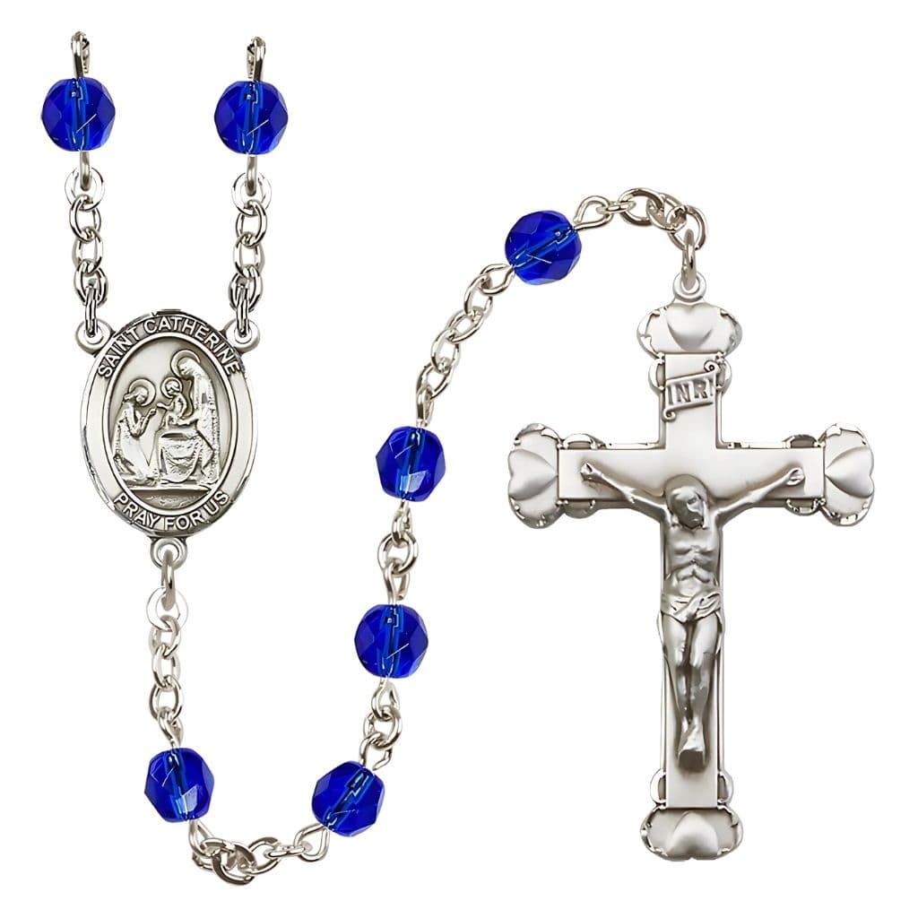 St. Catherine of Siena Rosary with Pewter Heart Crucifix and Centerpiece, Birthstone 6mm Fire Polished Sapphire Beads for September, Bliss Manufacturing
