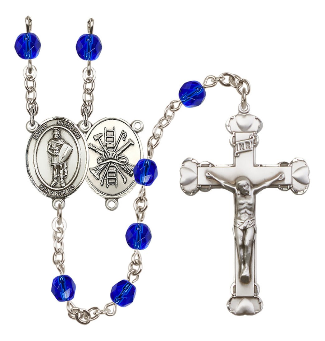 Bliss St Florian Firefighter Birthstone Crystal Silver-plated Heart Tip Rosary in Sapphire September Birthstone,