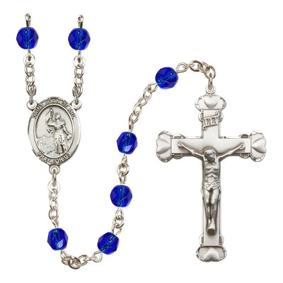 St. Joan of Arc Rosary with Pewter Heart Crucifix and Centerpiece, Birthstone 6mm Fire Polished Sapphire Beads for September, Bliss Manufacturing
