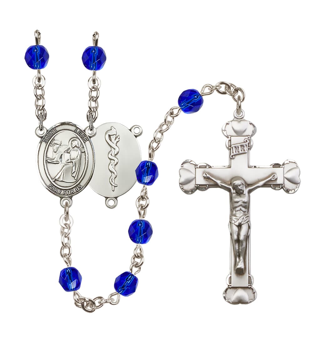 Bliss St Luke Doctor Birthstone Crystal Heart Tip Rosary in Sep/Sapphire,