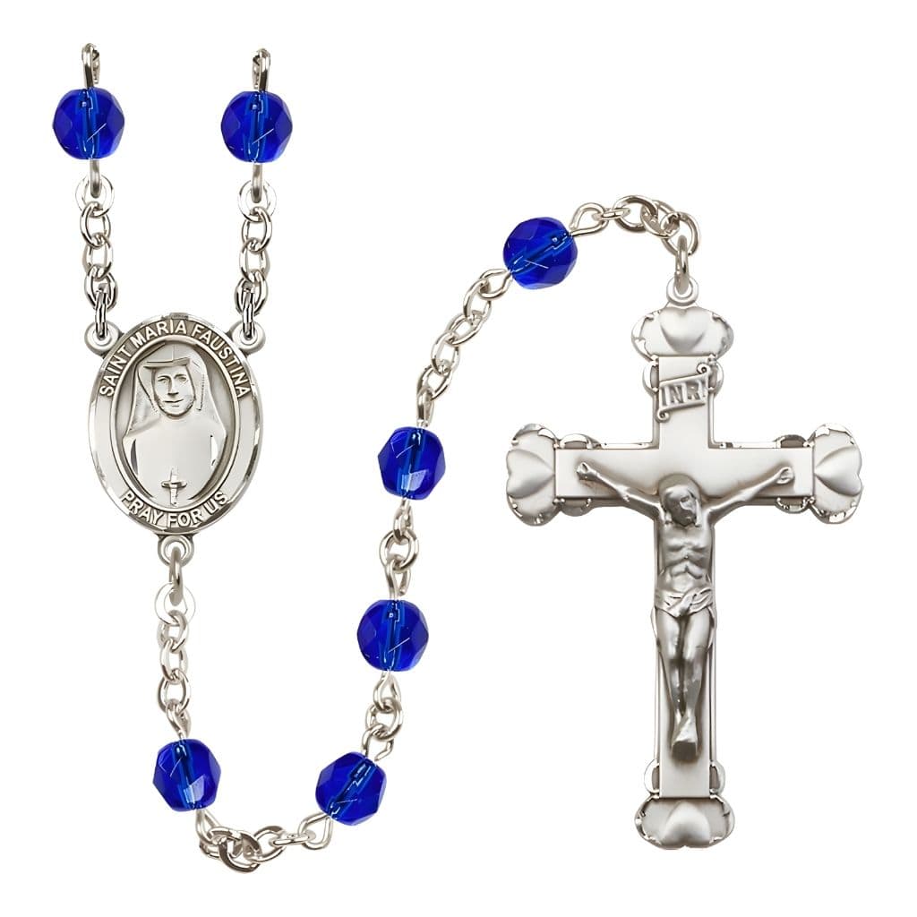 Bliss St. Maria Faustina Birthstone Engravable Heart Edge Rosary with Fire Polished Sapphire Beads,