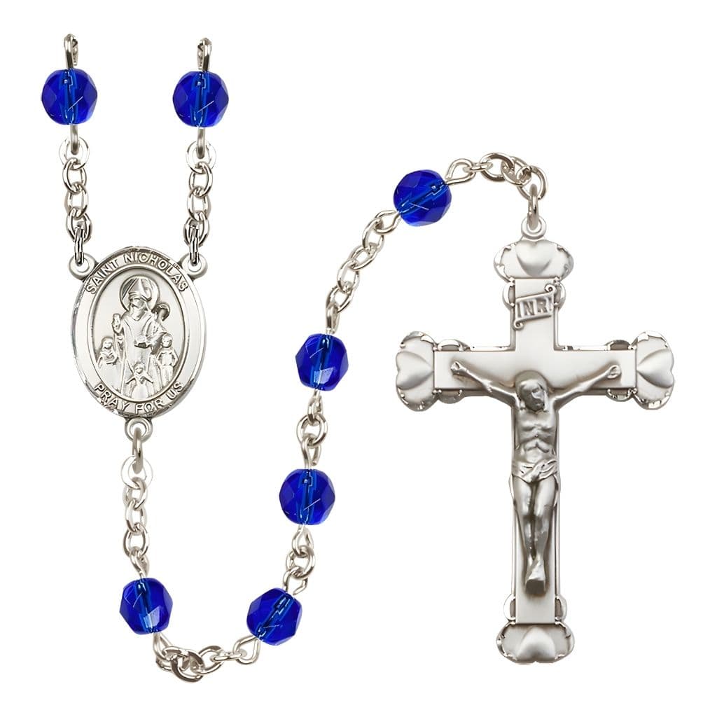 Bliss St. Nicholas Engravable Rosary with Pewter Centerpiece and Heart Crucifix, September Birthstone 6mm Sapphire Fire Polish Beads