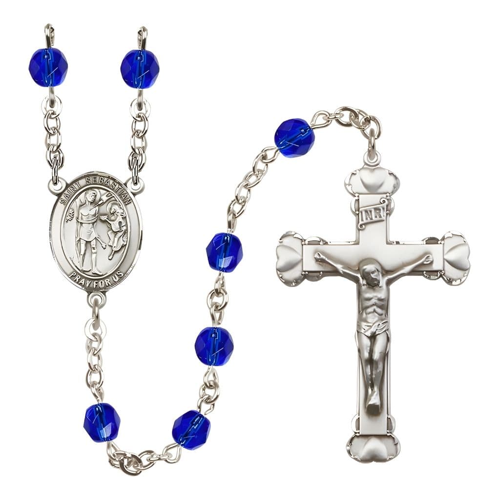 Bliss St. Sebastian Rosary with Pewter Heart Crucifix and Centerpiece, Birthstone 6mm Fire Polished Sapphire Beads for September