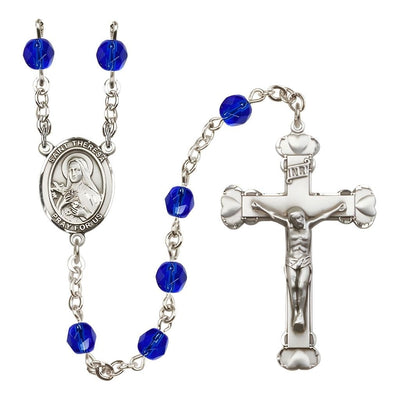 Birthstone 6mm Sapphire Blue Fire Polished Silver-plated Engravable Rosary with Pewter St. Theresa Center and Heart Edge Crucifix, Bliss Manufacturing