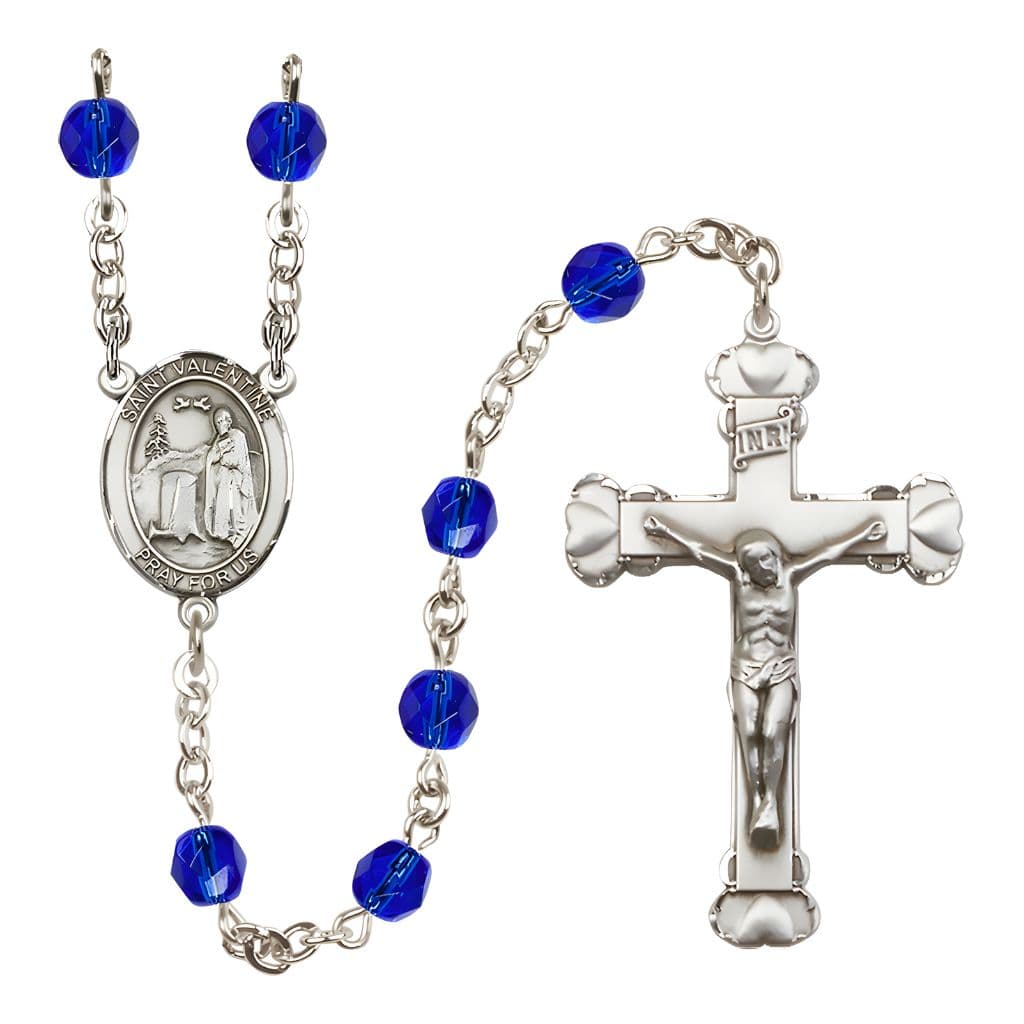 Bliss St. Valentine of Rome Rosary with Pewter Heart Crucifix and Centerpiece, Birthstone 6mm Fire Polished Sapphire Beads for September