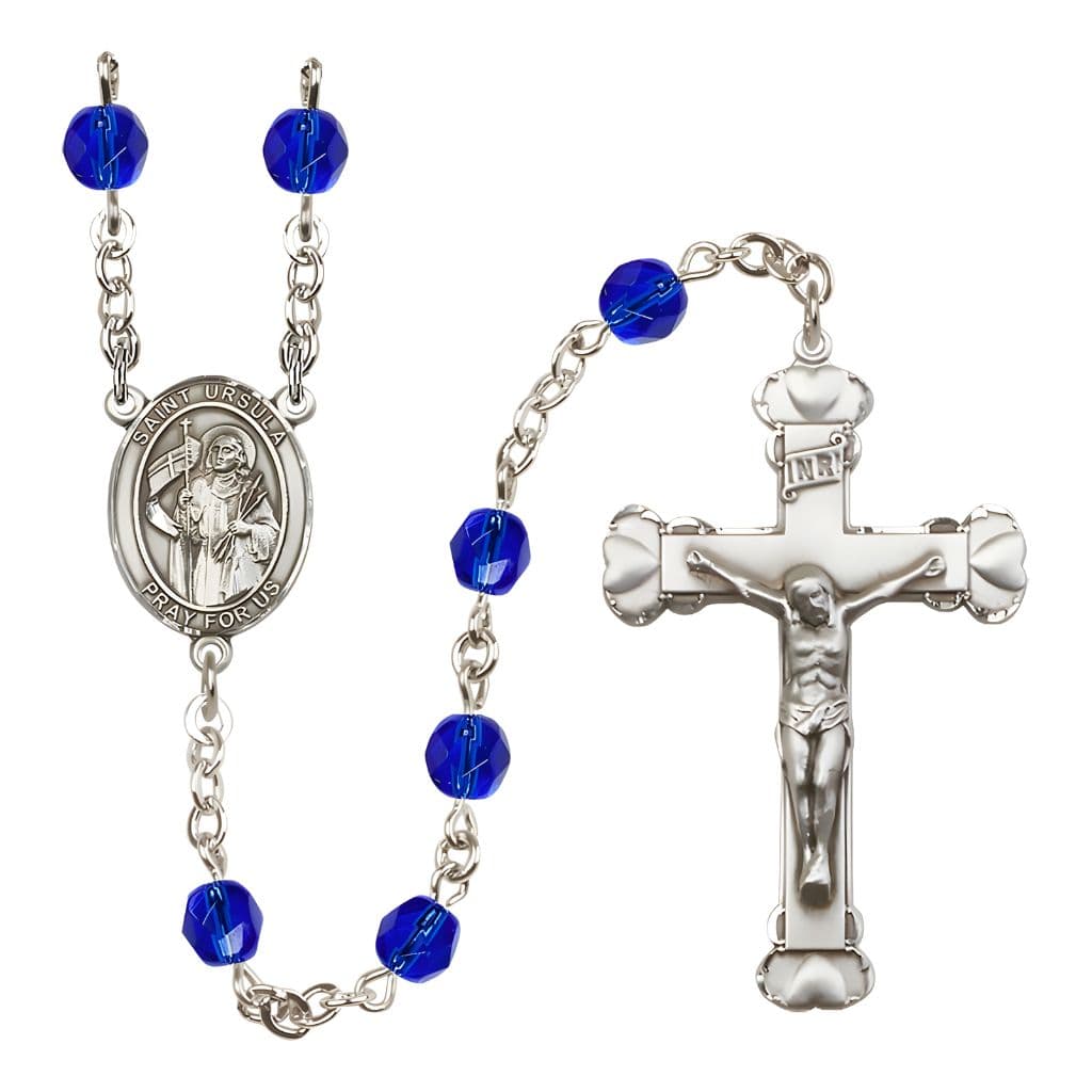 Bliss St. Ursula Rosary with Pewter Heart Crucifix and Centerpiece, Birthstone 6mm Fire Polished Sapphire Beads for September