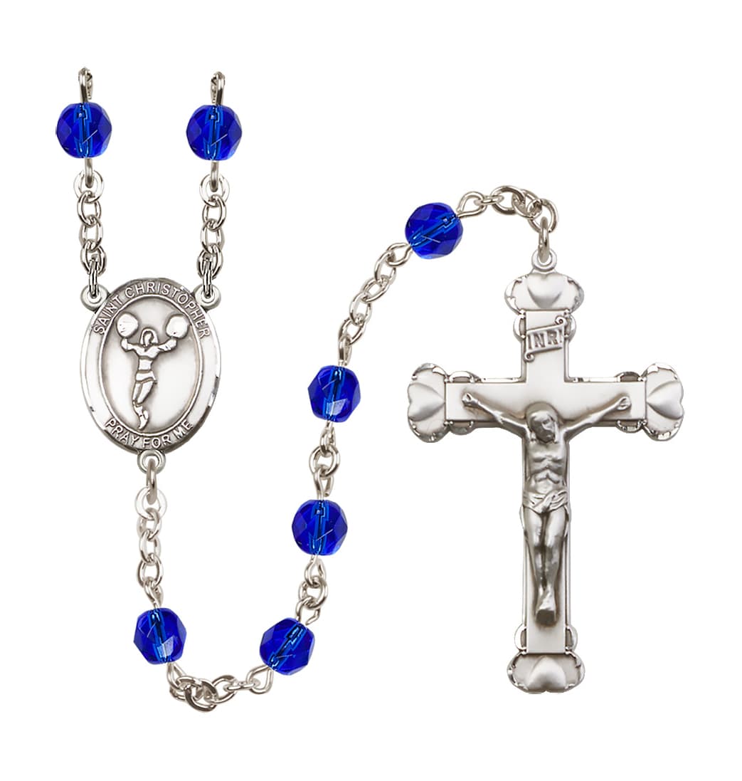 Bliss St Christopher Cheerleading Sep/Sapphire 6mm Fire Polished Heart Rosary