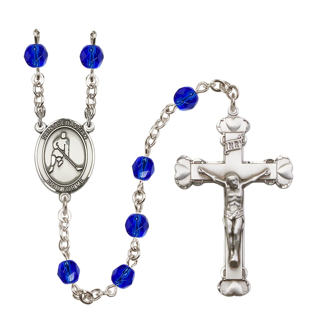 Bliss Sapphire/Sep Heart St Sebastian Ice Hockey 6mm Fire Polished Rosary,