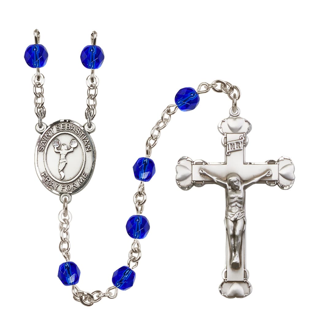 Bliss September Sapphire Crystal St Sebastian Cheerleading 6mm Fire Polished Heart Crucifix Rosary,